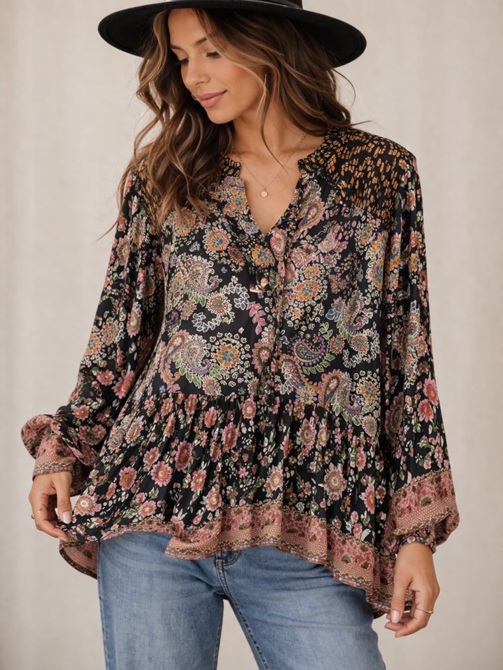 Umgee Boho Floral Peasant Top 2XL Black Paisley Mixed Print Babydoll Blouse NWT
